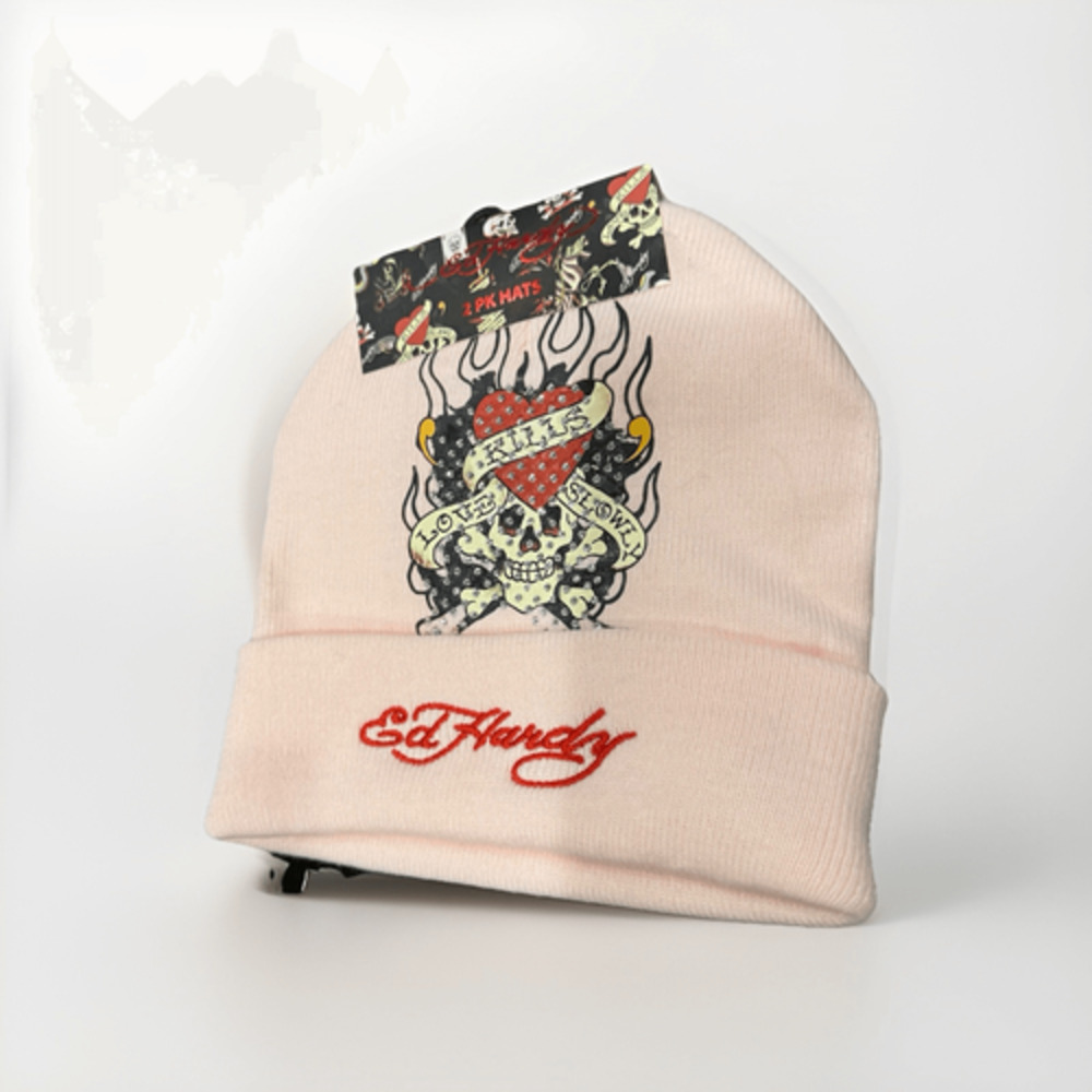 Ed Hardy 2pc NEW Beanie Hat Set Skull Rhinestones Pink Tiger Patch Black OS
